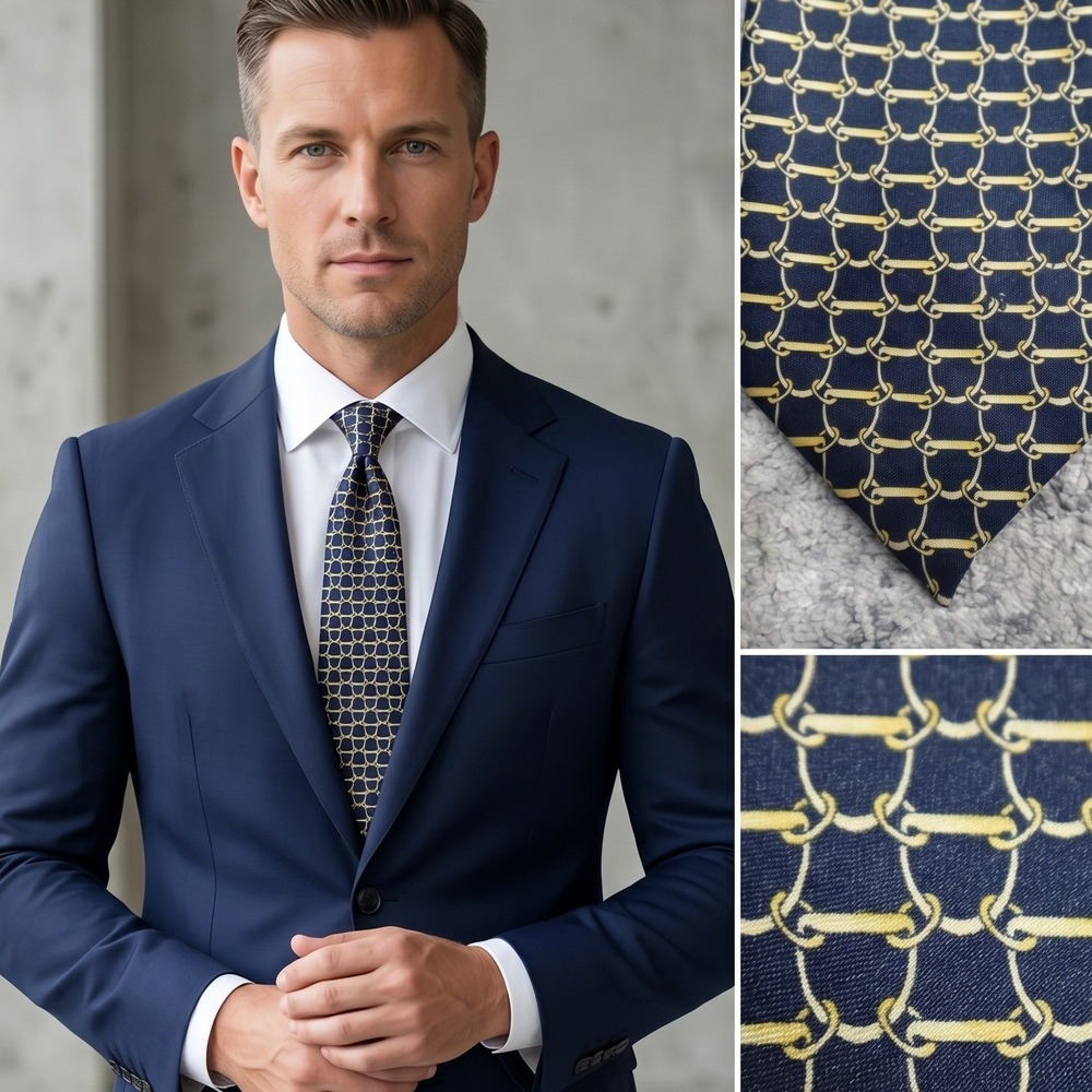 Rene Chagal Handmade Mens Silk Tie Navy Blue Gold Equestrian Horsebit Chain Link